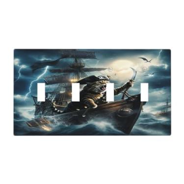 Imagem de Spshian Capa de interruptor de luz engraçada gato pirata navio mar oceano náutico veleiro 4 gangues capas de placa de interruptor quádruplo placas de parede decorativa placa elétrica para decoração de