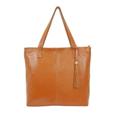 Imagem de Bolsa Feminina Marrom Caramelo Shopbag Grande Tiracolo Ombro em Couro 