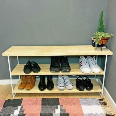 Imagem de Sapateira Banco Industrial de Ferro e Madeira  Natural e Branco - ArtF