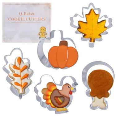 Imagem de Cortador de biscoito de Ação de Graças grande de outono de 5 peças, cortadores de biscoito de Natal com formas de instruções de receita de folha de bordo, peru, perna de frango, folha de carvalho, abóbora, moldes de aço inoxidável