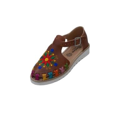 Imagem de Macarena Collection Sandália feminina Huarache de couro colorido estilo mexicano flores bordadas B230, Bronzeado, 36