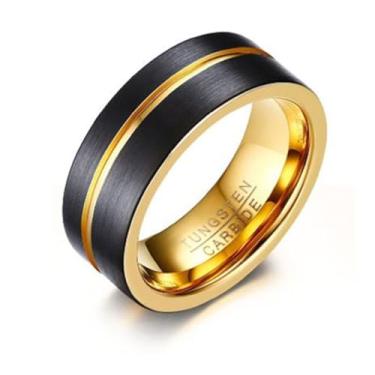 Imagem de Anel Masculino Homem Tungstênio 8 Mm Preto Ouro 18k Casual Simples (18)