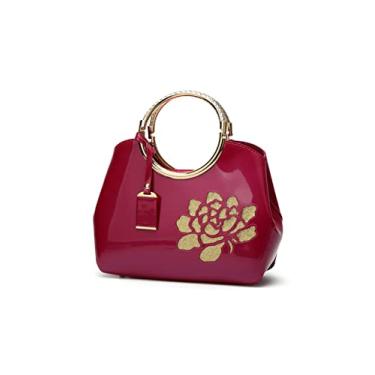 Imagem de SMALLBLUER Bolsa feminina com alça superior bordada com estampa de flor patenteada PU bolsa de ombro, Rosa vermelha, One Size
