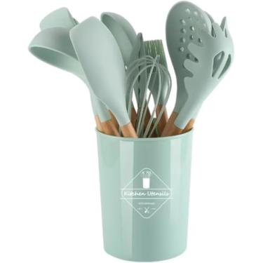 Imagem de Kit 12 Peças Conjunto Utensílios Cozinha, em Silicone Cabo de Madeira Leve Premium Antiaderente Espátula Duráveis Confeitar Organizar Cozinhar Resistentes Altas Temperaturas, (Verde)