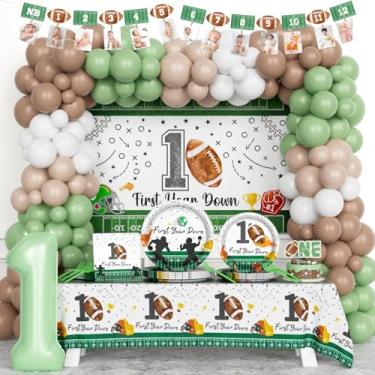 Imagem de Hombae First Year Down Birthday Party Decorations, 1st Birthday Decorations for Boy, Football Tableware Set with Plates Napkins Forks Tablecloth Backdrop Balloon for One Year Old Touchdown Supplies
