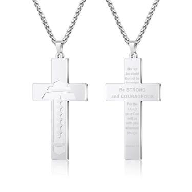 Imagem de Yifnny Colar masculino com cruz de futebol americano, versículo bíblico de aço inoxidável, fé religiosa, escrituras cristãs, pingente, corrente cruzada, primeira comunhão, batismo, joias esportivas,