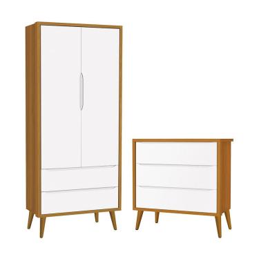 Imagem de Jogo de Quarto Infantil Theo Retrô Guarda Roupa 2 Portas e Cômoda com Pés Amadeirado - Reller Móveis Branco/Savana