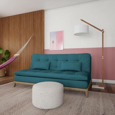 Imagem de Sofá-Cama 3 Lugares Casal Qualidade Base e Pés de Madeira Suede Azul