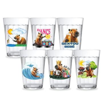 Imagem de Conjunto 6 Copos Americanos Estampa Capivara Vidro Resistente 190ml Personalizado Decorado Good Vides Praia Churras Jogos Dance Pesca Fãs de Capivaras
