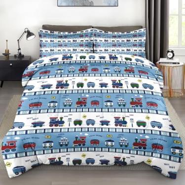 Imagem de Pamnest Conjunto de edredom casal, fofo de desenho animado de trem, macio, 3 peças, para crianças e adultos, conjunto de edredom azul com 2 fronhas para decoração de cama de quarto