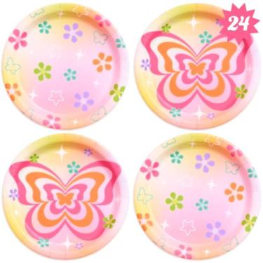 Imagem de xo, Fetti Pratos de papel Groovy Y2K, 2 designs | 24 peças de 23 cm | Decorações de festa infantil borboleta, suprimentos de despedida de solteira, paisagem de mesa de aniversário arco-íris, decoração
