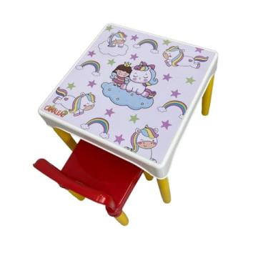 Imagem de Conjunto Mesa Mesinha Infantil Com 1 Cadeira Escolar Plástica Camaleão (Unicornio)