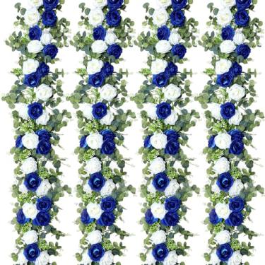 Imagem de Riceshoot Pacote com 4, guirlanda de vinhas artificiais de eucalipto de 7,9 m com flores, guirlanda de flores falsas para decoração de mesa de arco de festa de casamento (azul e branco)