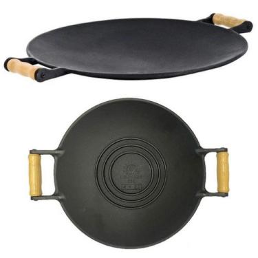 Imagem de Chapa Disco Picanheira Redondo de Ferro Fundido com Alças de Madeira 3