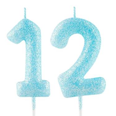 Imagem de Vela de aniversário de 12 anos com glitter azul número 12 velas luminosas para topo de bolo, decoração de feliz aniversário, para meninas, meninos, mulheres, comemorações, artigos de festa