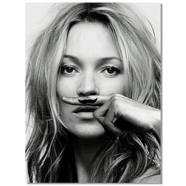 Imagem de Arte de parede de luxo na moda - pôster retrô fashion com bigode para quarto de meninas - vintage feminista preto e branco arte impressão em tela para dormitório feminino