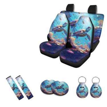 Imagem de PCSJRKG Conjunto de 12 peças de capas interiores de carro com estampa de tartaruga marinha, conjunto de capas protetoras de assento de carro capas de assento dianteiro traseiro capa de volante capas