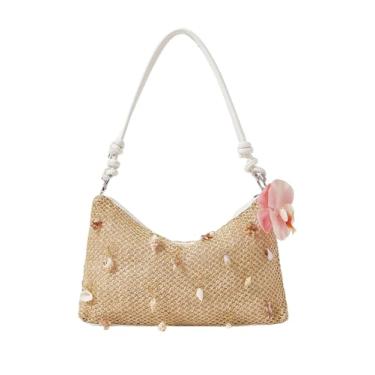 Imagem de MakeMeChic Bolsas femininas com estampa floral de palha de praia Boho para férias de ombro médio, Multicor, One Size