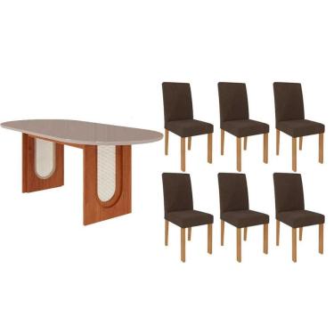 Imagem de Conjunto Sala de Jantar Valentina Tampo Madeirado Oval c/ Vidro 210x100cm e 6 Cadeiras Maia Cinamomo/Off White - Nature/Suede Mascavo Chocolate-Cimol