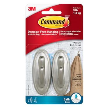 Imagem de Command Ganchos de banho médios, comporta até 1,3 kg, 2 ganchos de chuveiro, 4 tiras resistentes à água, cor níquel escovado, organização de banheiro livre de danos para roupões, toalhas ou buchas