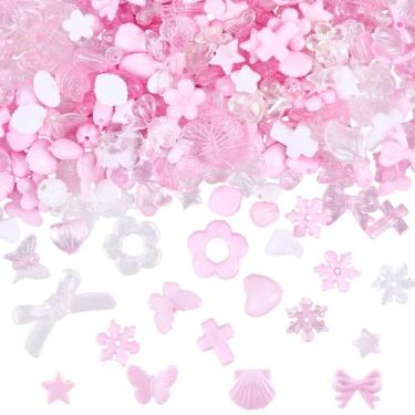 Imagem de SOFPLATE 1 caixa 150 g contas de acrílico sortidas rosa lindas contas de acrílico a granel romântico flor transparente coração estrela floco de neve pingentes kawaii sortidos para fazer joias