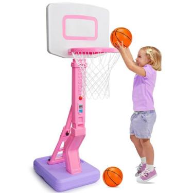 Imagem de Mini cesta de basquete Qirptey Toddler Girls rosa com bomba de esfera