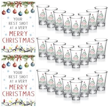 Imagem de Roshtia 24 peças de copos de shot de Natal com cartões acrílico divertido conjunto de copos de vidro 34 g verde claro vermelho com cartões de acrílico para presente de Natal, férias, licor, jogos