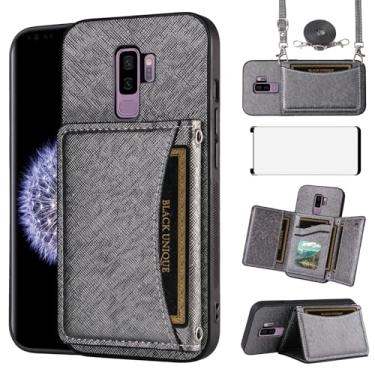 Imagem de Asuwish Capa de celular para Samsung Galaxy S9 Plus com protetor de tela de vidro temperado e suporte para cartão de couro PU acessórios para celular S9+ 9S 9+ S 9 9plus S9plus mulheres homens prata