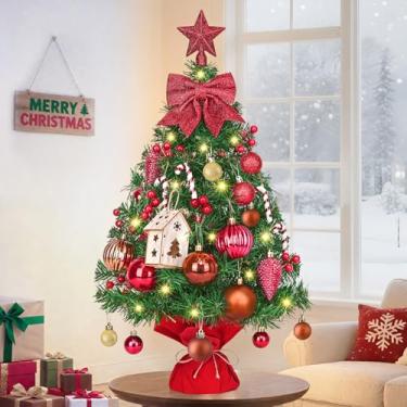 Imagem de Dolicer Árvore de Natal pequena de 6 m com ornamentos DlY, árvores de Natal artificiais de mesa com 20 luzes de globo de LED, mini árvore de Natal bonita e realista com base de saco de pano estável
