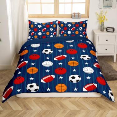 Imagem de jejeloiu Jogo de cama solteiro com bola mista, jogo de bola, para meninos, meninas, adolescentes, futebol, capa de edredom de beisebol, decoração de quarto, capa de edredom azul vívido, sem edredom