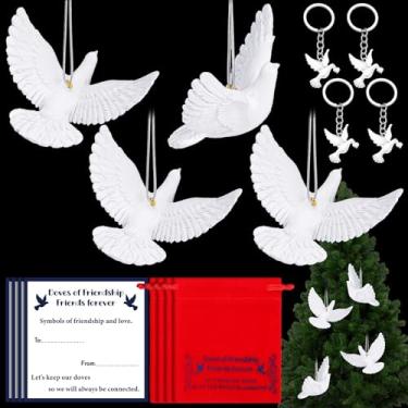 Imagem de Huquary Conjunto de 4 pombas amigas, enfeites de Natal, resina, branco, duas pombas, com chaveiro, cartões de amigos e bolsa vermelha, enfeite de árvore de Natal para decoração de casa de Natal