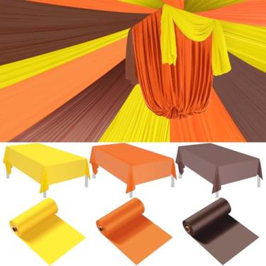 Imagem de Blulu Toalha de mesa descartável de plástico com 3 rolos de 3 m x 101,6 cm, toalha de mesa de Ação de Graças, laranja, amarela, marrom, pano de fundo de barraca grande, para decoração de festa de