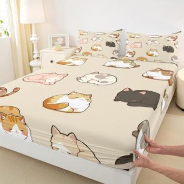 Imagem de Jogo de lençol solteiro com desenho de gato fofo, animais de estimação, animais de estimação, para decoração de quarto de crianças, meninas, meninos, mulheres, macio, aconchegante, moderno, marrom