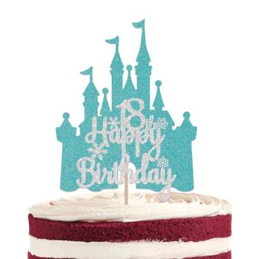 Imagem de Castelo de floco de neve feliz 18º aniversário topo de bolo, decoração de bolo de aniversário de 18 anos com tema de princesa de inverno, decorações de festa de aniversário de 18 anos, prata azul