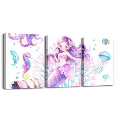 Imagem de Arte de parede em tela de sereia para sala de estar, linda sereia decoração de parede de vida marinha para quarto escritório, aquarela mundo submarino impressão de pintura de parede arte decoração de