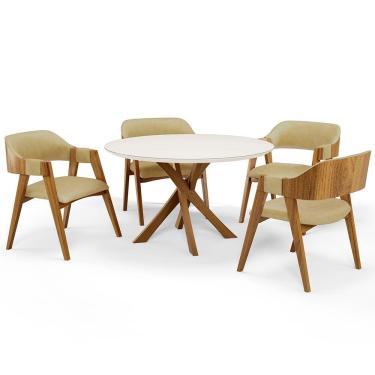 Imagem de Mesa De Jantar Redonda Cora 120Cm Off White M04 Com 04 Cadeiras Living Suran Couríssimo F  - Lyam