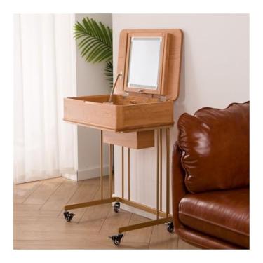 Imagem de Escrivaninha de penteadeira Penteadeira móvel de madeira maciça pequena penteadeira flip mini mesa maquiagem com gaveta armazenamento jóias(Gold)