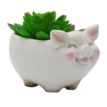 Imagem de Vasos de flor de cacto suculentas em forma de porco em cerâmica com bandeja de bambu (planta não incluída) (pequena, branca)