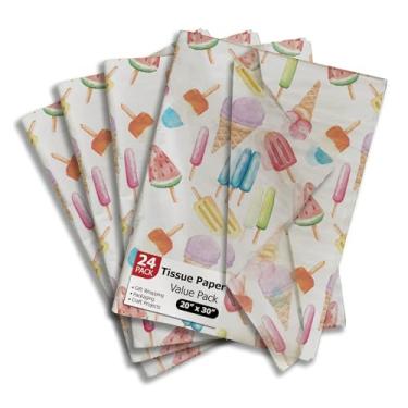 Imagem de Papel de seda impresso em picolés para sacos de presente ou caixas e embrulho - Papel de seda decorativo de verão para embalagem e presente | 24 folhas 50,8 cm x 76,2 cm