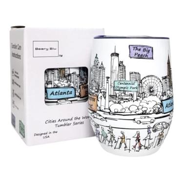 Imagem de Beary Blu Cidades ao redor do mundo Série de copos de 355 ml - Projetado nos EUA - Copo isolado a vácuo com tampas - Caneca de viagem de aço inoxidável para vinho e café, água, para bebida quente e