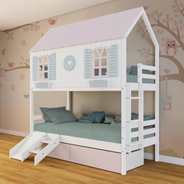 Imagem de Beliche Casinha Bela Com Coração 2 Gavetas Rosa Kit Escada-escorregador - Madeira Maciça Branco-rosa-verde Megamobilia