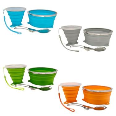 Imagem de Cagelya Kit de bagunça para acampamento, tigela dobrável de silicone, copo dobrável e colher de aço inoxidável para mochilão, caminhadas ao ar livre, viagens e piquenique - pacote com 4