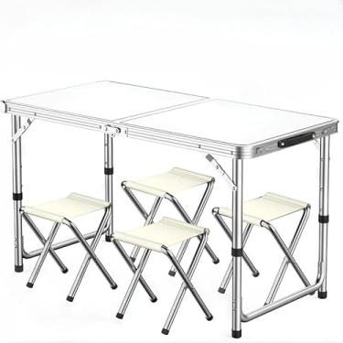 Imagem de Mesa Dobrável Portátil de Alumínio em Maleta 120x60cm /4 Banquetas - Prática para Camping, Praia, Área Externa e Viagens - Vira Maleta com Alça Resistente(Branco +4 Bancos(120x60))