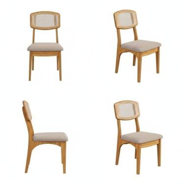 Imagem de Kit 4 Cadeiras Estofadas em Tecido 95% Algodão Encosto Telado Estrutura 100% Mdf Nápoles Freijó/Bege Rustico