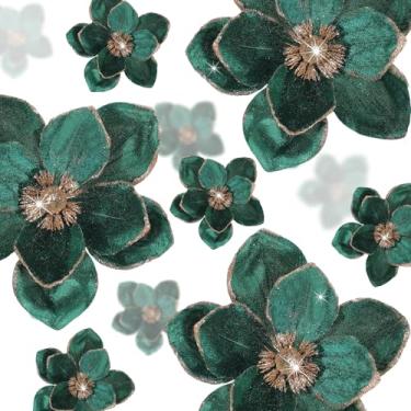 Imagem de Norme 15 peças de flores de poinsétia de veludo de Natal em 3 tamanhos, flor de magnólia artificial com glitter, enfeite de árvore de Natal com haste para decoração de casamento (verde)