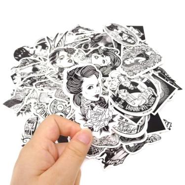 Imagem de 68 peças de adesivos de padrão feminino tatuado retrô preto e branco adesivos estéticos para laptop, guitarra, malas, telefone, skate, decoração de carro