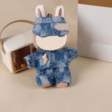 Imagem de Compatível com Labubu (sem boneca) - Conjunto xadrez envelhecido azul (top com botão de urso + chapéu combinando + shorts), roupas de boneca de 15 cm/17 cm (azul)