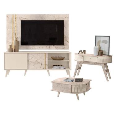 Imagem de Rack Bancada E Painel Para Tv Cronos Com Aparador Estoril E Mesa De Centro Indianápolis Calacata Off White – Madetec