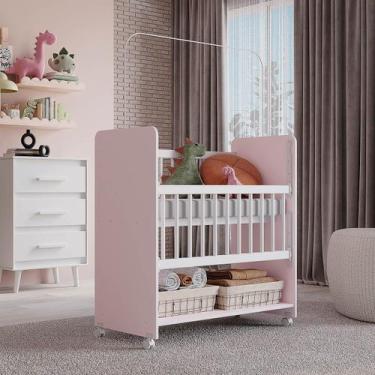 Imagem de Berço Lótus com Grade Móvel MB1 - Amarena Móveis, Branco com Rosa