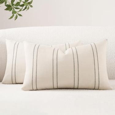Imagem de HOMFINER Capas de almofada lombar listradas 30,5 x 50,8 cm, conjunto de 2 capas de almofada decorativas retangulares bege neutra para sofá, cama, sala de estar, decoração moderna, cinza